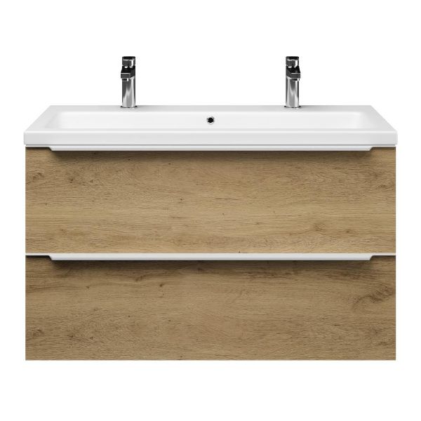 Bellanti Lucilla/Amelia badmeubel 100x46 2 softclose laden warm eiken met greep naar keuze keramische wastafel wit mat met 2 kraangaten