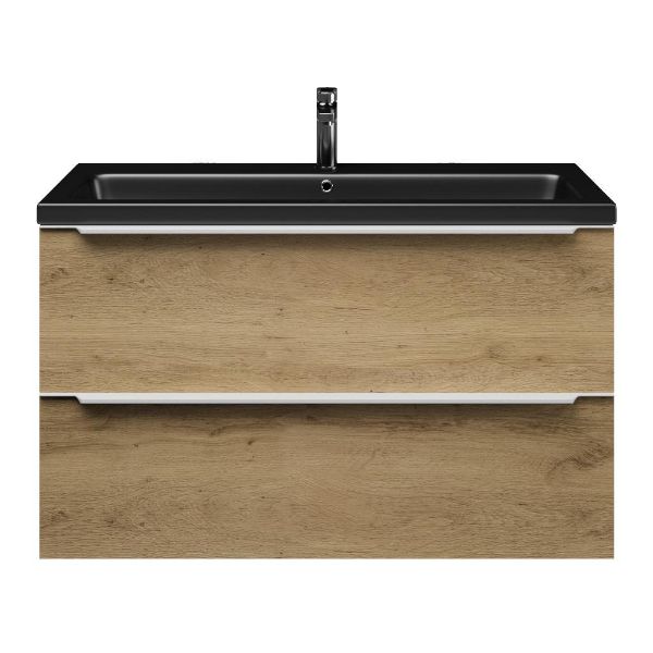 Bellanti Lucilla/Amelia badmeubel 100x46 2 softclose laden warm eiken met greep naar keuze keramische wastafel zwart mat met 1 kraangat