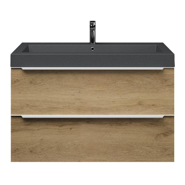 Bellanti Lucilla/Esta-Q badmeubel 100x46 2 softclose laden warm eiken met greep naar keuze quartz wastafel mat grijs met 1 kraangat