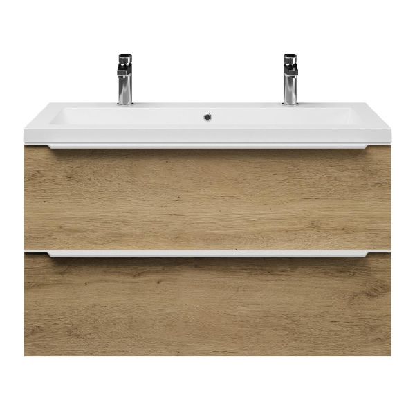 Bellanti Lucilla/Esta badmeubel 100x46 2 softclose laden warm eiken met greep naar keuze wastafel polystone mat wit met 2 kraangaten