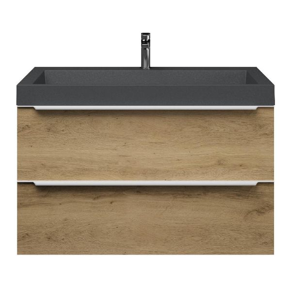Bellanti Lucilla/Renzo badmeubel 100x46 2 softclose laden warm eiken met greep naar keuze polystone wastafel mat grijs met 1 kraangat