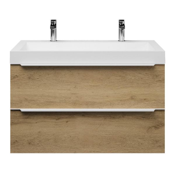 Bellanti Lucilla/Renzo badmeubel 100x46 2 softclose laden warm eiken met greep naar keuze polystone wastafel mat wit met 2 kraangaten