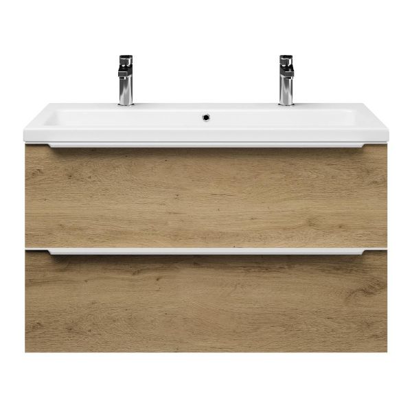 Bellanti Lucilla/Amelia badmeubel 100x46 2 softclose laden warm eiken met greep naar keuze keramische wastafel wit glans met 2 kraangaten