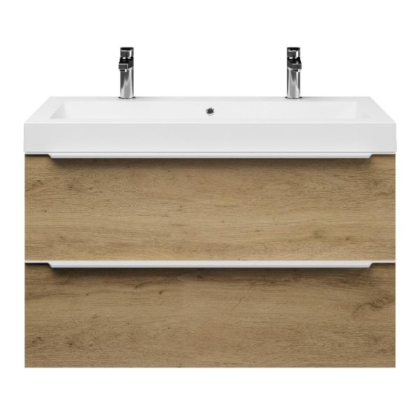 Bellanti Lucilla/Esta badmeubel 100x46 2 softclose laden warm eiken met greep naar keuze polystone wastafel wit met 2 kraangaten