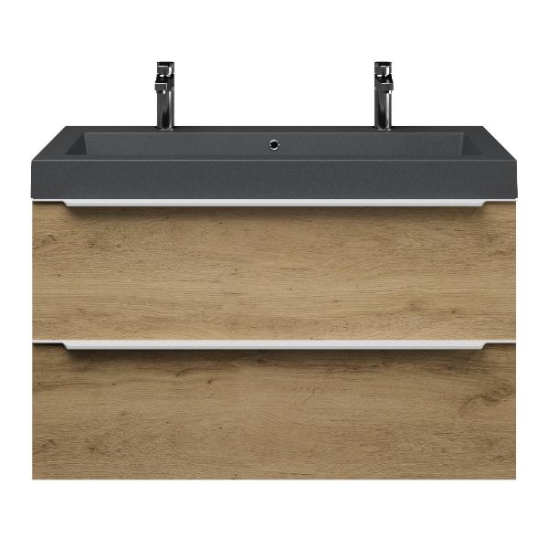Bellanti Lucilla/Esta-Q badmeubel 100x46 2 softclose laden warm eiken met greep naar keuze quartz wastafel mat grijs met 2 kraangaten