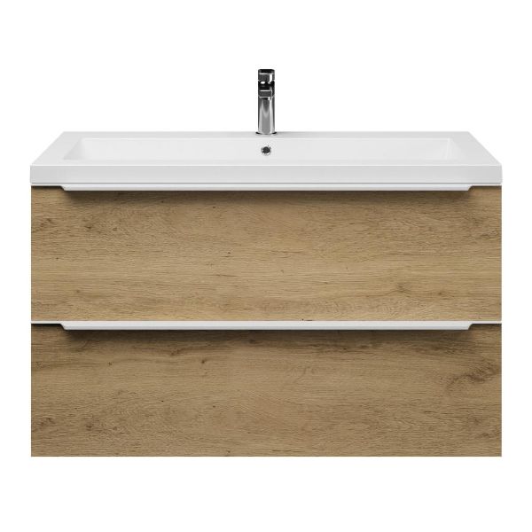 Bellanti Lucilla/Esta badmeubel 100x46 2 softclose laden warm eiken met greep naar keuze polystone wastafel mat wit met 1 kraangat