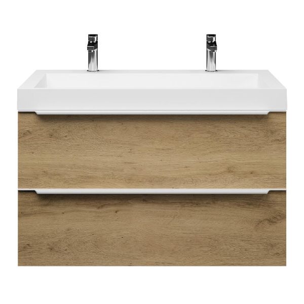 Bellanti Lucilla/Renzo badmeubel 100x46 2 softclose laden warm eiken met greep naar keuze polystone wastafel wit met 2 kraangaten