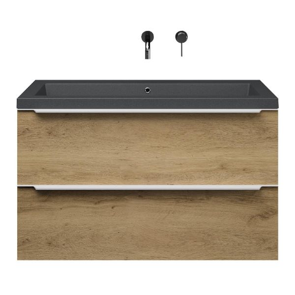 Bellanti Lucilla/Esta-Q badmeubel 100x46 2 softclose laden warm eiken met greep naar keuze quartz wastafel mat grijs zonder kraangaten