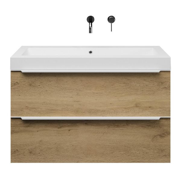 Bellanti Lucilla/Esta-Q badmeubel 100x46 2 softclose laden warm eiken met greep naar keuze quartz wastafel mat wit zonder kraangaten