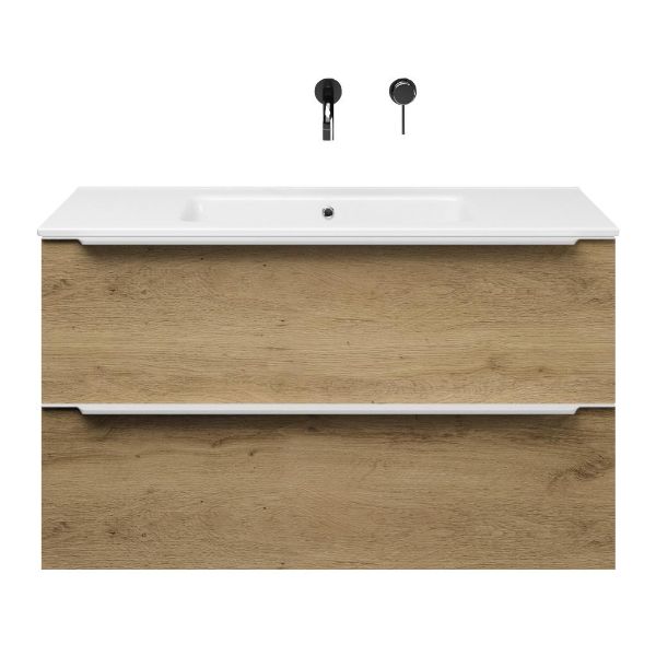 Bellanti Lucilla/Etna badmeubel 100x46 2 softclose laden warm eiken met greep naar keuze keramische wastafel wit zonder kraangaten