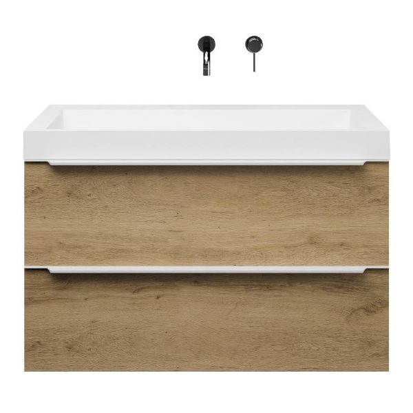 Bellanti Lucilla/Renzo badmeubel 100x46 2 softclose laden warm eiken met greep naar keuze polystone wastafel wit zonder kraangaten