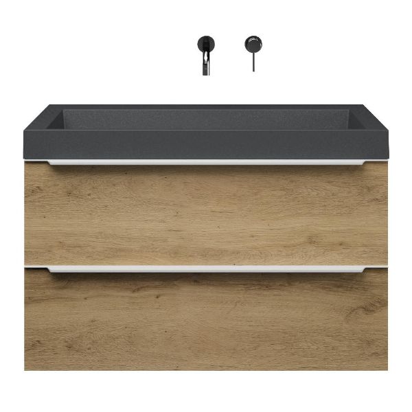 Bellanti Lucilla/Renzo badmeubel 100x46 2 softclose laden warm eiken met greep naar keuze polystone wastafel mat grijs zonder kraangaten