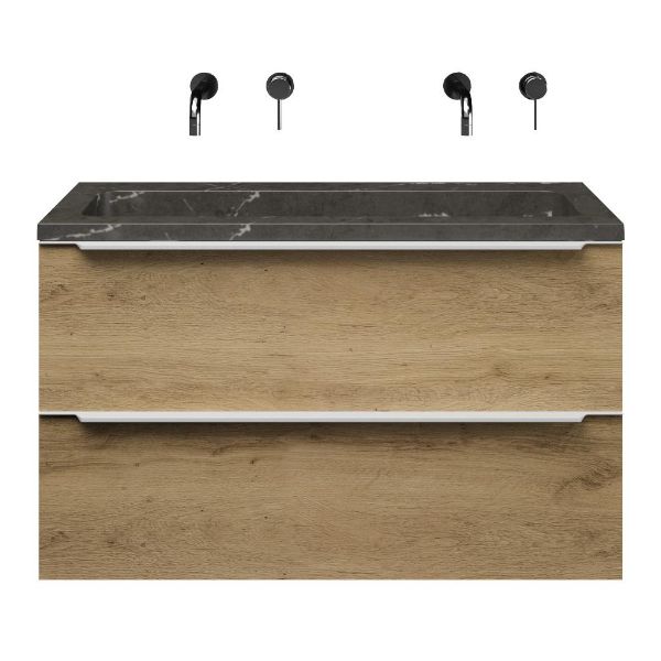 Bellanti Lucilla/Square badmeubel 100x46 2 softclose laden warm eiken met greep naar keuze natuursteen wastafel blue stone zonder kraangaten