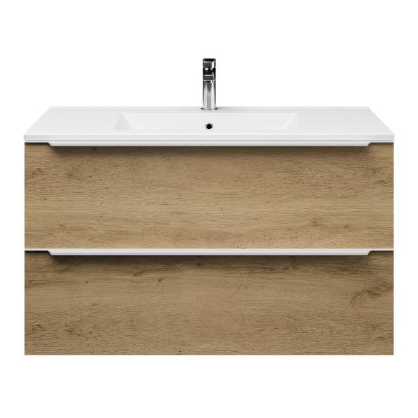 Bellanti Lucilla/Faro badmeubel 100x46 2 softclose laden warm eiken met greep naar keuze keramische wastafel wit met 1 kraangat