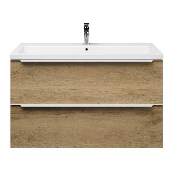 Bellanti Lucilla/Amelia badmeubel 100x46 2 softclose laden warm eiken met greep naar keuze keramische wastafel wit glans met 1 kraangat
