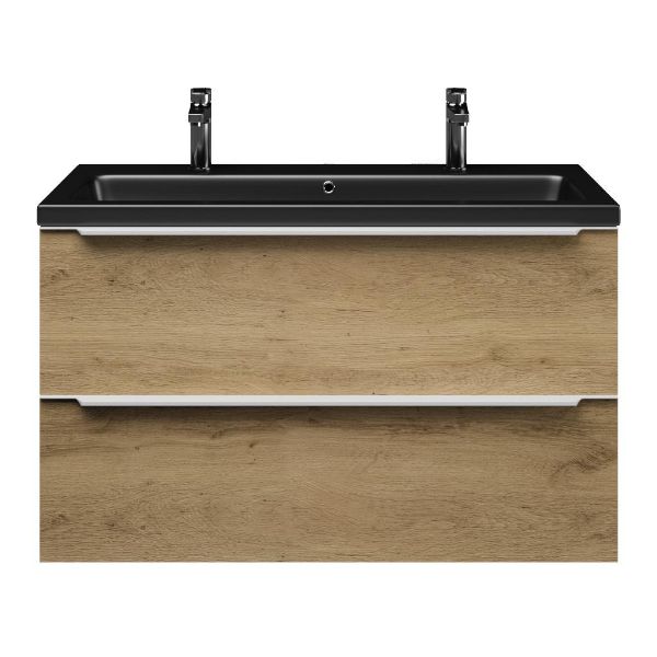 Bellanti Lucilla/Amelia badmeubel 100x46 2 softclose laden warm eiken met greep naar keuze keramische wastafel zwart mat met 2 kraangaten