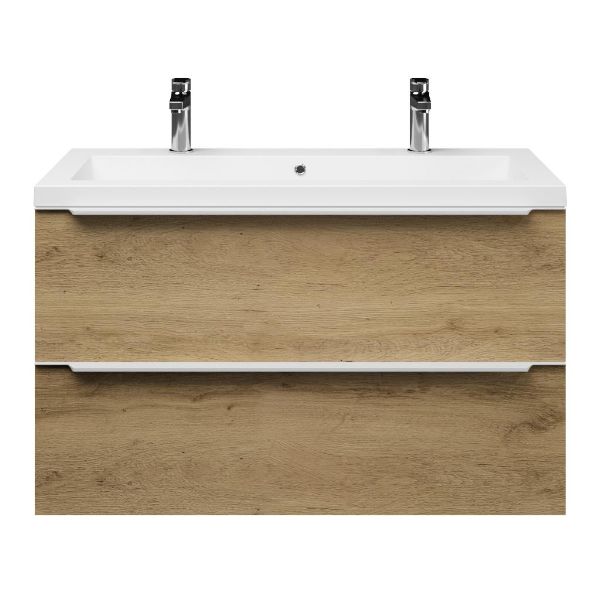 Bellanti Lucilla/Esta badmeubel 100x46 2 softclose laden warm eiken met greep naar keuze polystone wastafel wit met 2 kraangaten