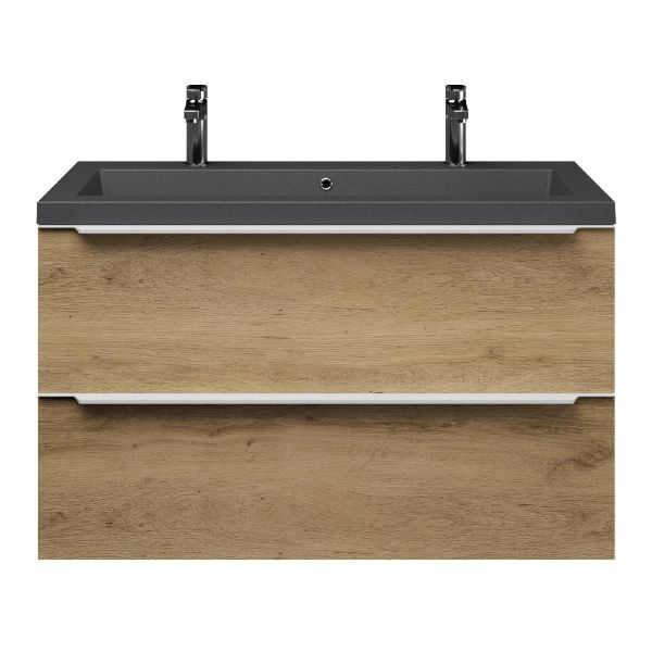 Bellanti Lucilla/Esta-Q badmeubel 100x46 2 softclose laden warm eiken met greep naar keuze quartz wastafel mat grijs met 2 kraangaten