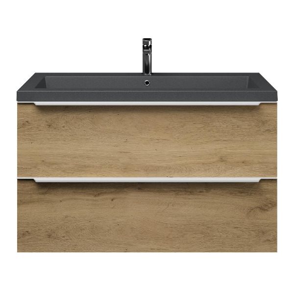 Bellanti Lucilla/Esta-Q badmeubel 100x46 2 softclose laden warm eiken met greep naar keuze quartz wastafel mat grijs met 1 kraangat