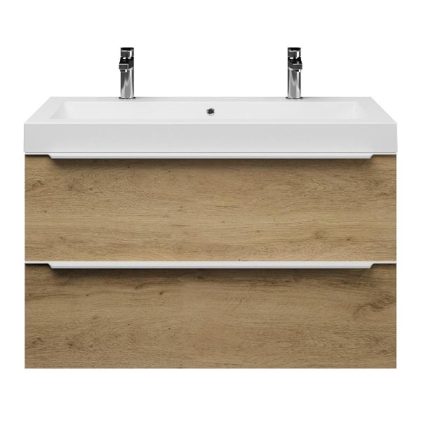 Bellanti Lucilla/Esta-Q badmeubel 100x46 2 softclose laden warm eiken met greep naar keuze quartz wastafel mat wit met 2 kraangaten