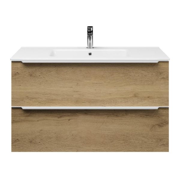 Bellanti Lucilla /Etna badmeubel 100x46 2 softclose laden warm eiken met greep naar keuze keramische wastafel wit met 1 kraangat