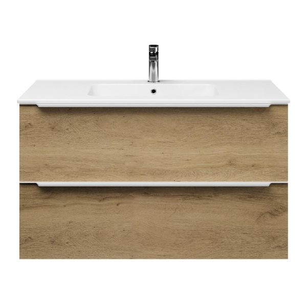 Bellanti Lucilla/Quadra badmeubel 100x46 2 softclose laden warm eiken met greep naar keuze keramische wastafel wit met 1 kraangat