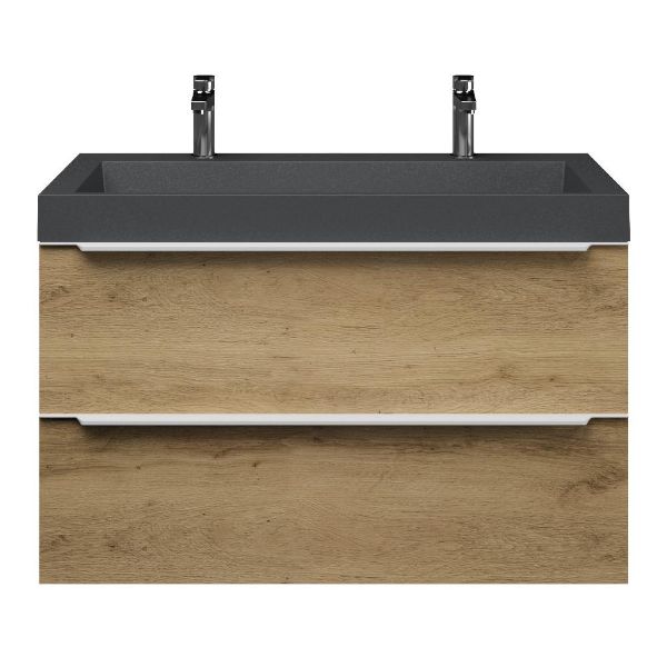 Bellanti Lucilla/Renzo badmeubel 100x46 2 softclose laden warm eiken met greep naar keuze polystone wastafel mat grijs met 2 kraangaten