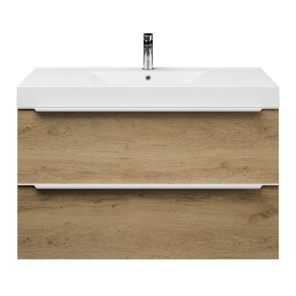 Bellanti Lucilla/Wave badmeubel 100x46 2 softclose laden warm eiken met greep naar keuze polystone wastafel wit met 1 kraangat