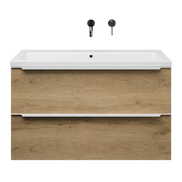 Bellanti Lucilla/Amelia badmeubel 100x46 2 softclose laden warm eiken met greep naar keuze keramische wastafel wit mat zonder kraangaten