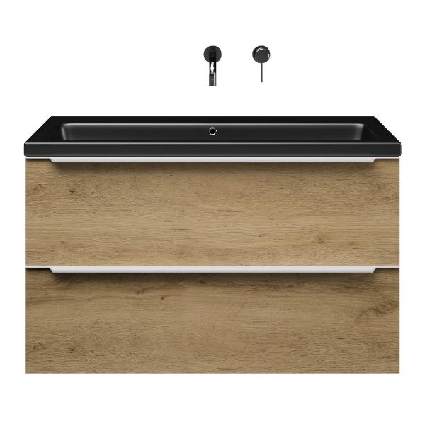 Bellanti Lucilla/Amelia badmeubel 100x46 2 softclose laden warm eiken met greep naar keuze keramische wastafel zwart mat zonder kraangaten