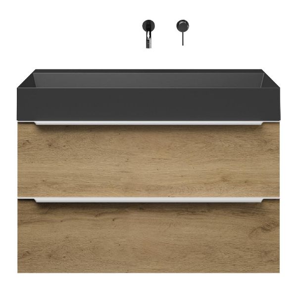 Bellanti Lucilla/Azzurra badmeubel 100x46 2 softclose laden warm eiken met greep naar keuze keramische wastafel zwart mat zonder kraangaten