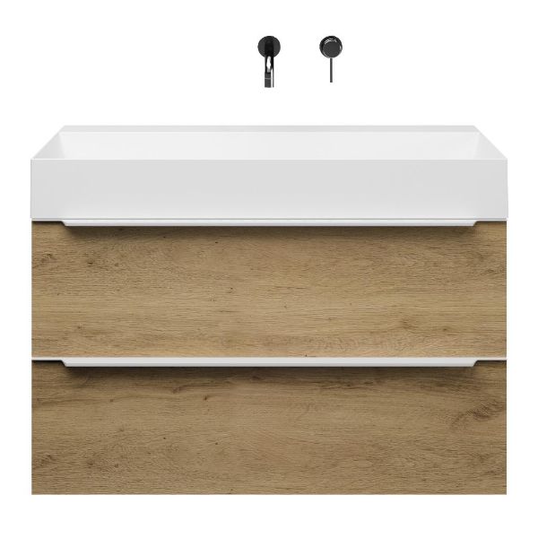 Bellanti Lucilla/Azzurra badmeubel 100x46 2 softclose laden warm eiken met greep naar keuze keramische wastafel wit glans zonder kraangaten