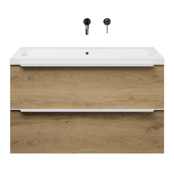 Bellanti Lucilla/Esta badmeubel 100x46 2 softclose laden warm eiken met greep naar keuze polystone wastafel wit zonder kraangaten