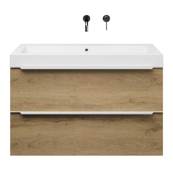 Bellanti Lucilla/Esta badmeubel 100x46 2 softclose laden warm eiken met greep naar keuze polystone wastafel wit zonder kraangaten