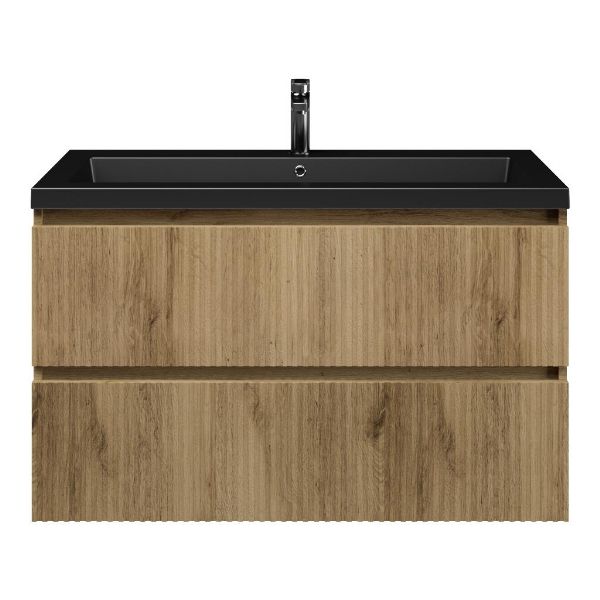 Bellanti Silvan/Esta badmeubel 100x46 2 softclose laden met ribbel - latjes structuur warm eiken greeploos polystone wastafel mat zwart met 1 kraangat