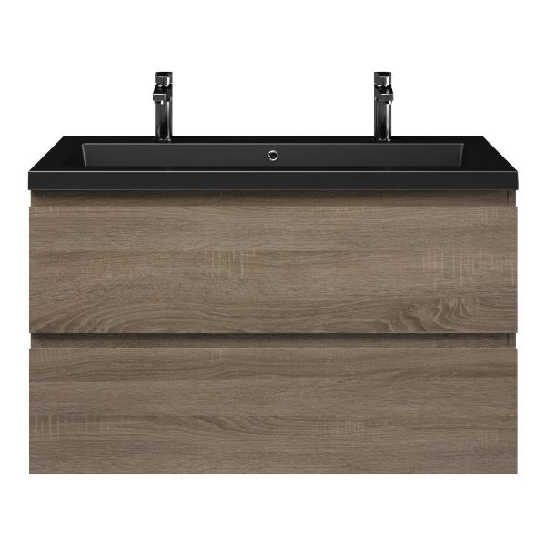 Bellanti Elena/Esta badmeubel 100x46 2 softclose laden eiken donker greeploos polystone wastafel mat zwart met 2 kraangaten