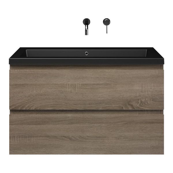 Bellanti Elena/Esta badmeubel 100x46 2 softclose laden eiken donker greeploos polystone wastafel mat zwart zonder kraangaten