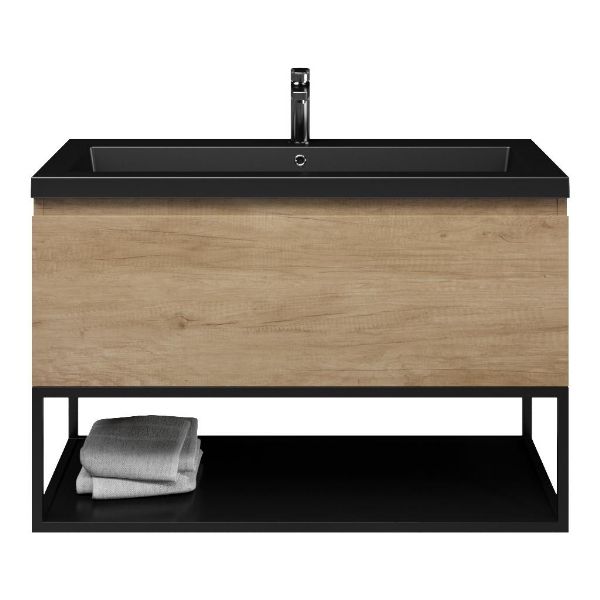 Bellanti Solo/Tela/Esta badmeubel 100x46 1 softclose lade olm greeploos polystone wastafel mat zwart met 1 kraangat met mat zwart metalen frame