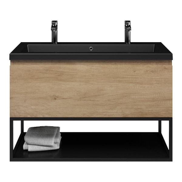 Bellanti Solo/Tela/Esta badmeubel 100x46 1 softclose lade olm greeploos polystone wastafel mat zwart met 2 kraangaten met mat zwart metalen frame
