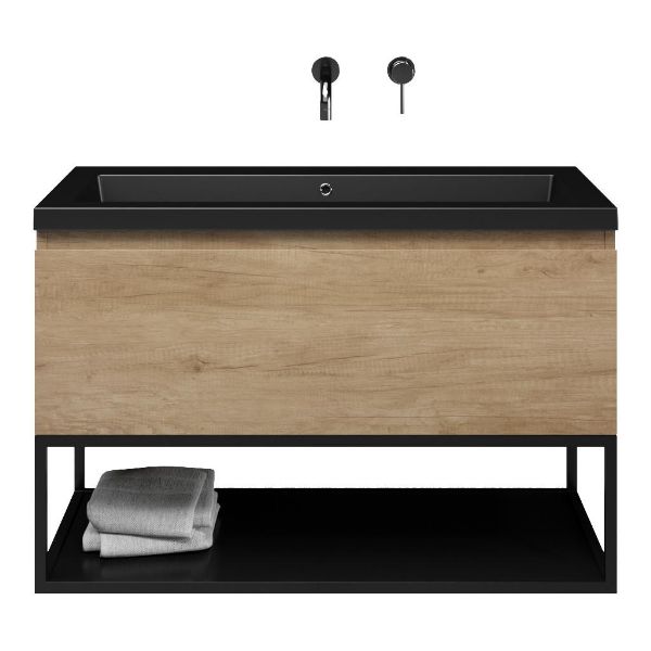 Bellanti Solo/Tela/Esta badmeubel 100x46 1 softclose lade olm greeploos polystone wastafel mat zwart zonder kraangaten met mat zwart metalen frame