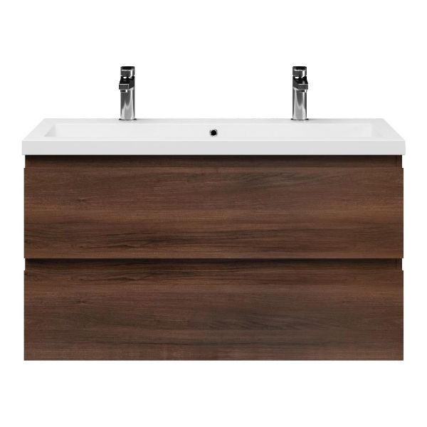 Bellanti Secca/Esta ondiep badmeubel 100x36 2 softclose laden walnoot greeploos polystone wastafel wit met 2 kraangaten