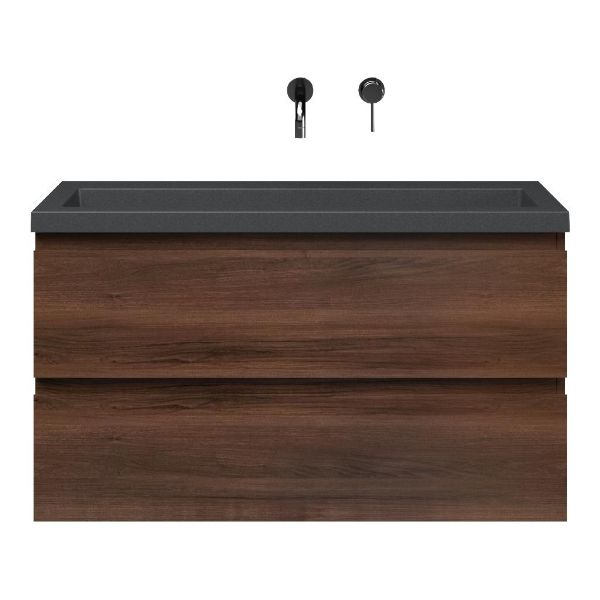 Bellanti Secca/Esta-Q ondiep badmeubel 100x36 2 softclose laden walnoot greeploos met quartz wastafel mat grijs zonder kraangat zonder overloop