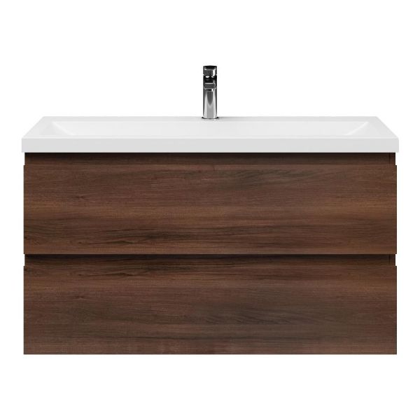 Bellanti Secca/Lidia ondiep badmeubel 100x36 2 softclose laden walnoot greeploos polystone wastafel wit met 1 kraangat