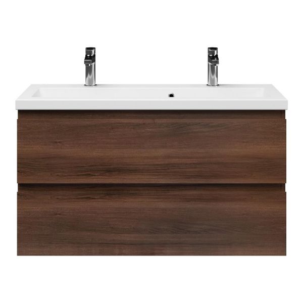 Bellanti Secca/Amelia ondiep badmeubel 100x36 2 softclose laden walnoot greeploos keramische wastafel wit met 2 kraangaten