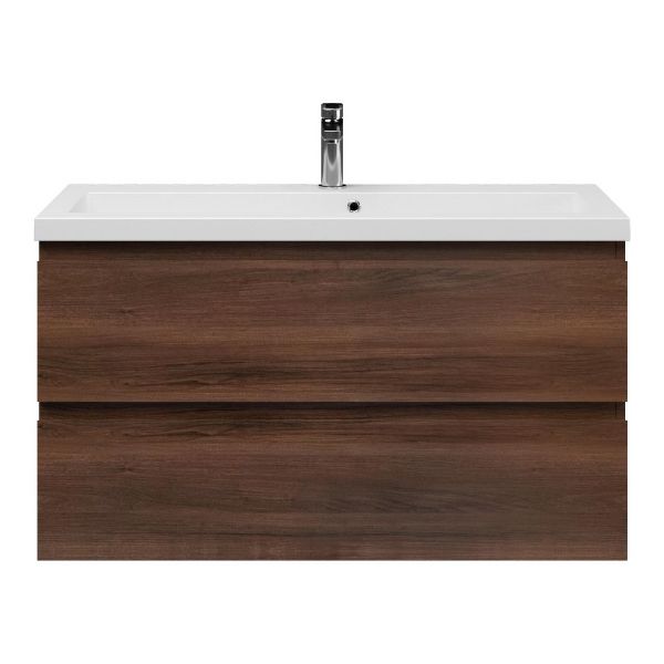 Bellanti Secca/Esta ondiep badmeubel 100x36 2 softclose laden walnoot greeploos met polystone wastafel mat wit met 1 kraangat met overloop
