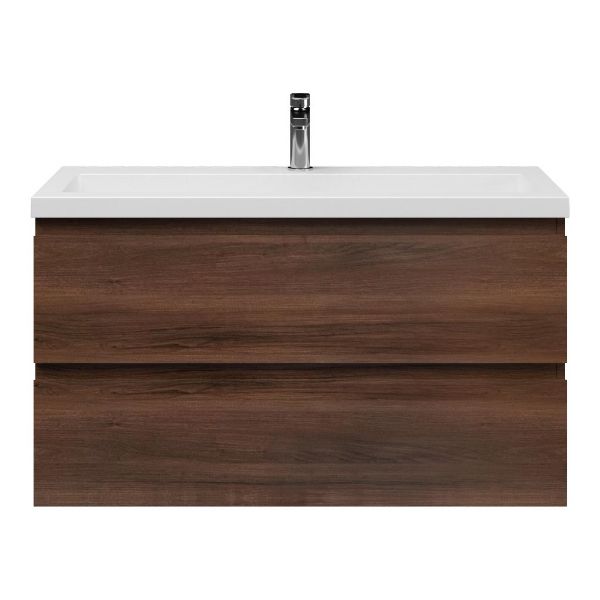 Bellanti Secca/Esta-Q ondiep badmeubel 100x36 2 softclose laden walnoot greeploos met quartz wastafel mat wit met 1 kraangat zonder overloop