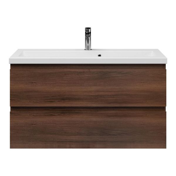 Bellanti Secca/Amelia ondiep badmeubel 100x36 2 softclose laden walnoot greeploos keramische wastafel mat wit met 1 kraangat