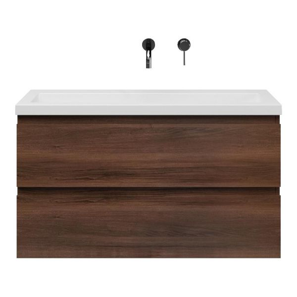 Bellanti Secca/Esta-Q ondiep badmeubel 100x36 2 softclose laden walnoot greeploos met quartz wastafel mat wit zonder kraangat zonder overloop