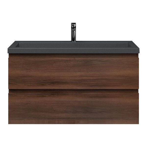 Bellanti Secca/Esta-Q ondiep badmeubel 100x36 2 softclose laden walnoot greeploos met quartz wastafel mat grijs met 1 kraangat zonder overloop