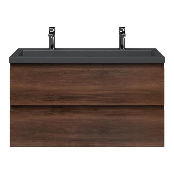 Bellanti Secca/Esta-Q ondiep badmeubel 100x36 2 softclose laden walnoot greeploos met quartz wastafel mat grijs met 2 kraangaten zonder overloop